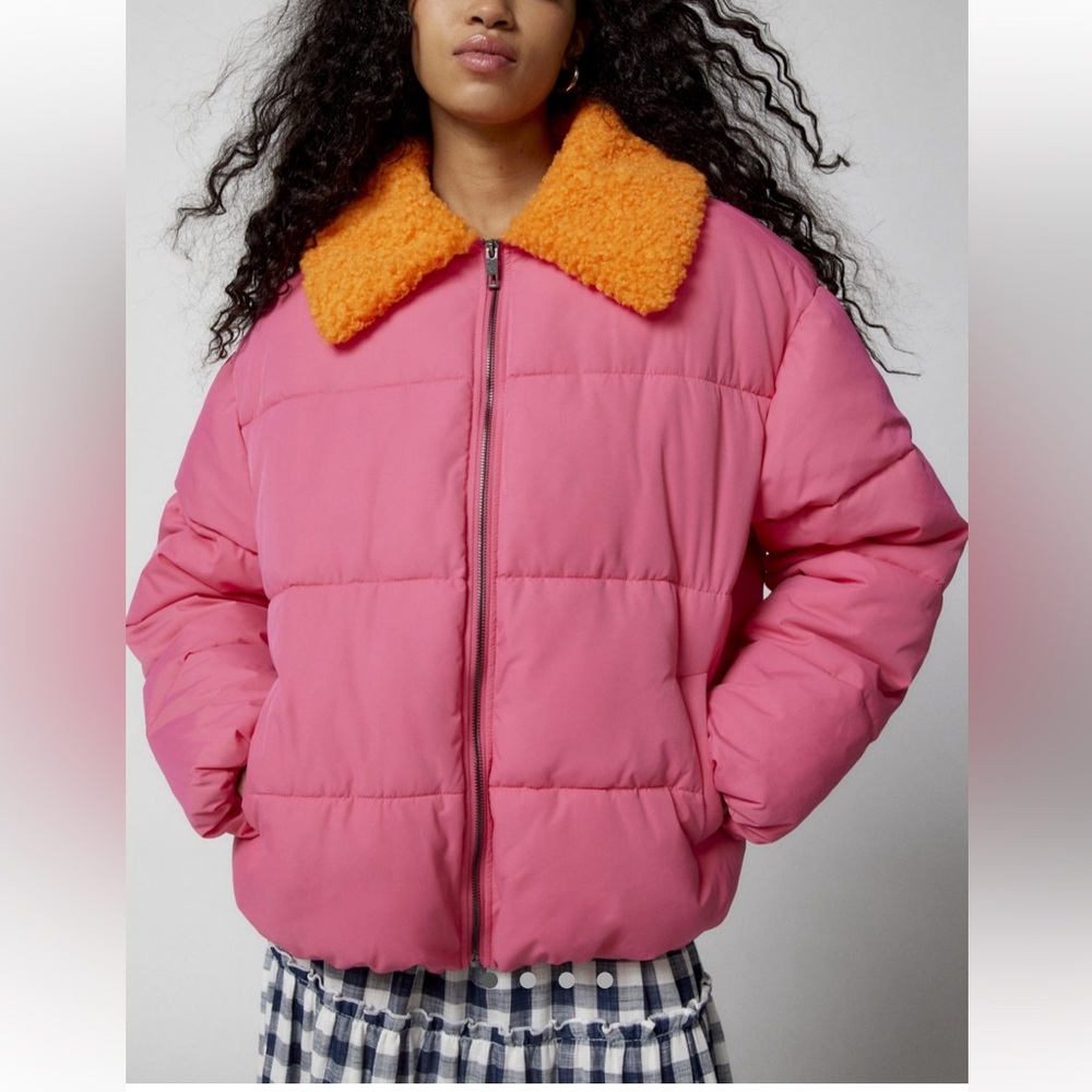 Urban Outfitters NWOT Duckie Faux Shearling Collar Pink Puffer Jacket